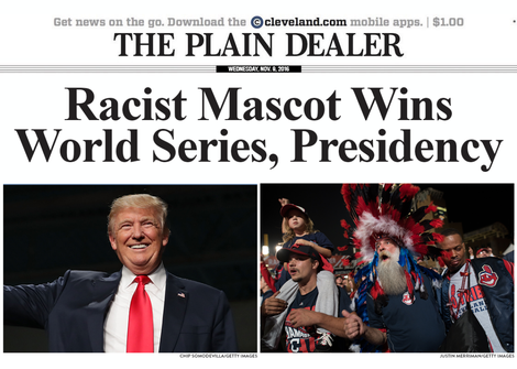 "This week and next week, two grand American contests are coming to a close," Holly Allen, Josh Levin and Seth Maxon wrote Wednesday for Slate. "By Thursday morning, either the long-suffering Chicago Cubs or the long-suffering Cleveland Indians will be World Series champs and no longer long-suffering. By next Wednesday (we really, really hope), either Hillary Clinton or Donald Trump will be the United States’ president-elect. We’ve imagined what one of those baseball-and-politics scenarios might look like in the newspaper mock-up above." Allen is a Slate web designer, Levin is Slate’s executive editor and Maxon is nights and weekends home page editor.